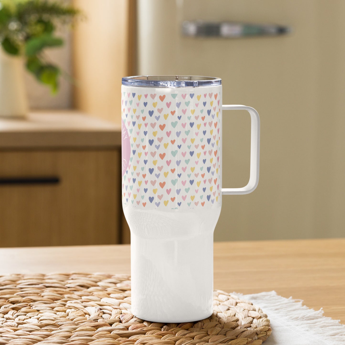 Travel Mug With Handle Hearts + Logo