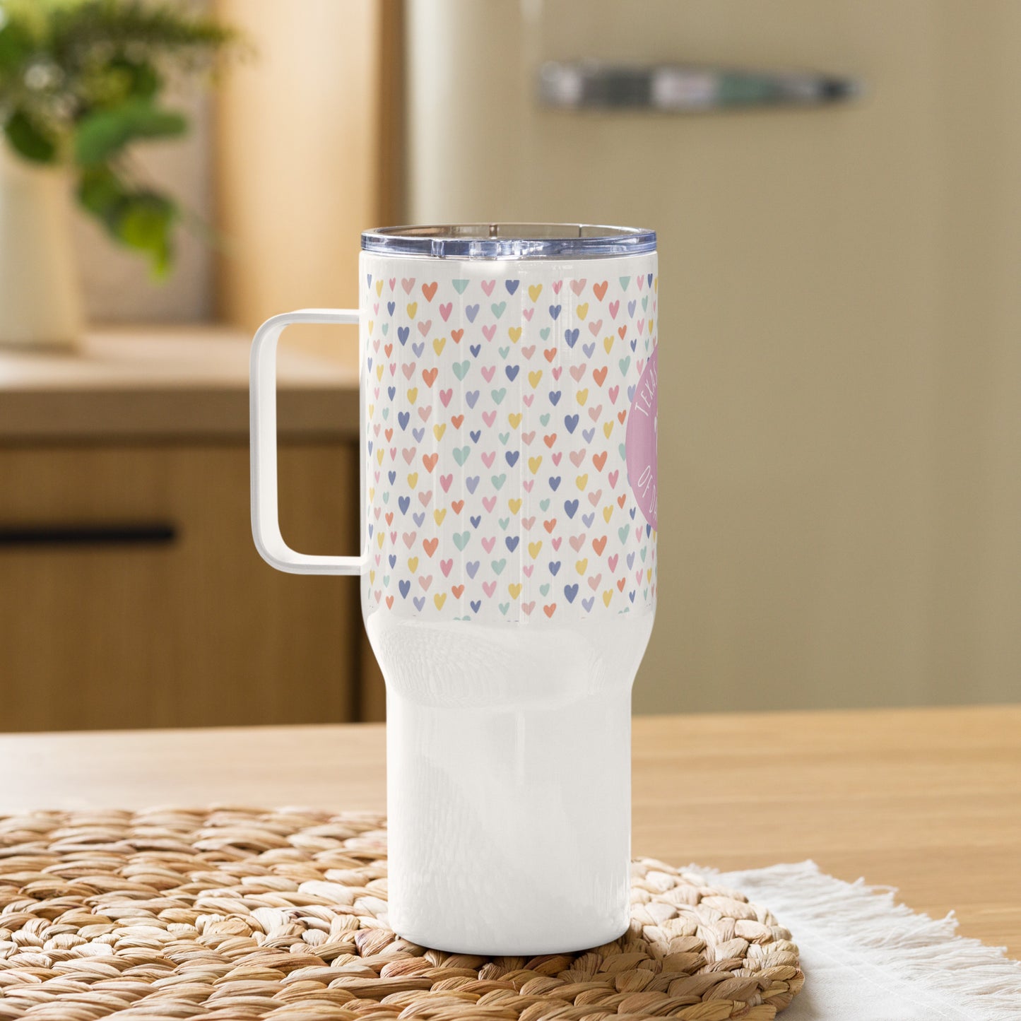 Travel Mug With Handle Hearts + Logo